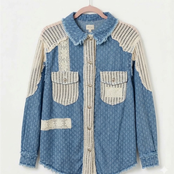 POL Tops - POL Clothing Mixed Media Denim Lace Shacket Blue Cream Distressed 100% Cotton